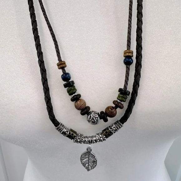 BOHO CHIC‎ Braided Leather Beaded Double Necklace 28” - Picture 2 of 4